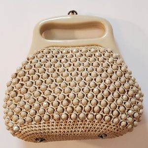 Burdines Italy Crocheted Raffia Beaded Beige Purse